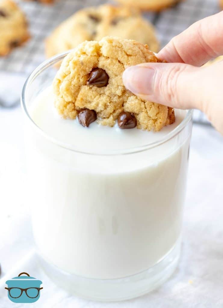 Chocolate Chip Cookie dunked in a cold glass of milk