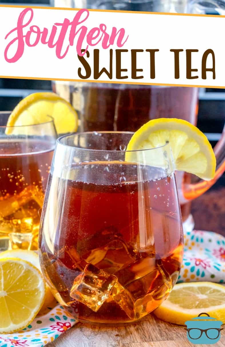 Homemade Southern Sweet Tea recipe from The Country Cook. A stemless wine glass holding sweet tea and a slice of lemon.