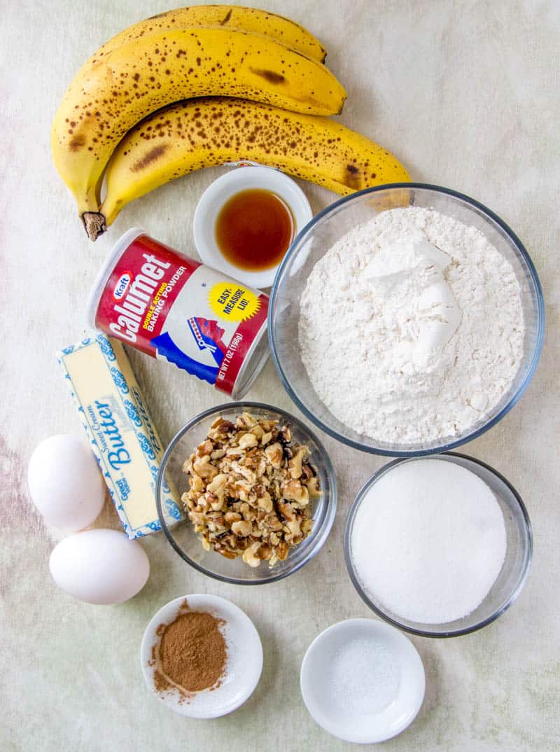 ripe bananas, flour, butter, eggs, cinnamon, vanilla extract, walnuts, baking powder.