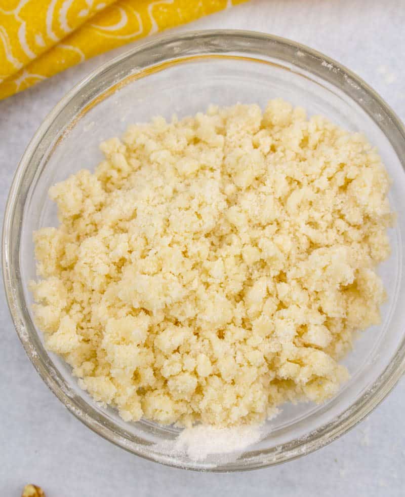 streusel topping, butter, sugar and all-purpose flour in a small clear bowl.