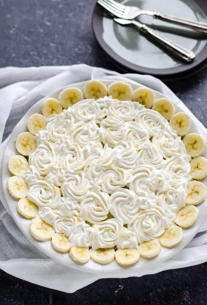 Homemade Banana Cream Pie with whipped cream rosettes