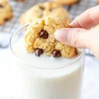 dunking chocolate chip cookie in a glass of milk