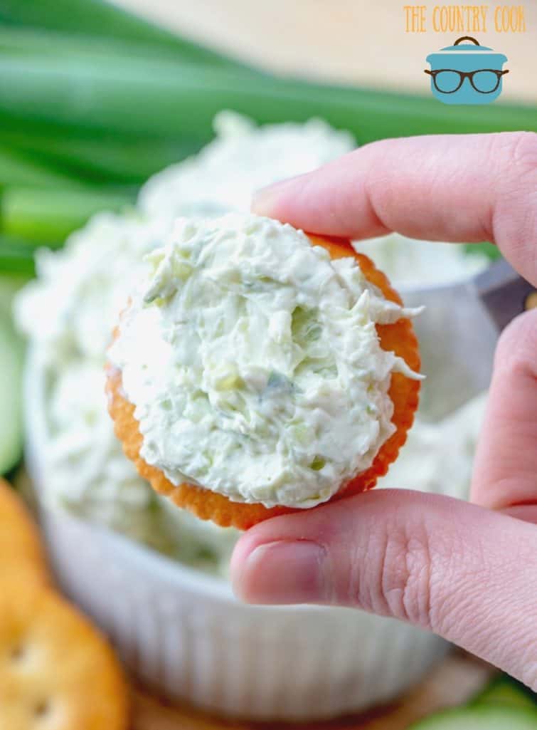 Creamy Cucumber Green Onion spread on Ritz cracker