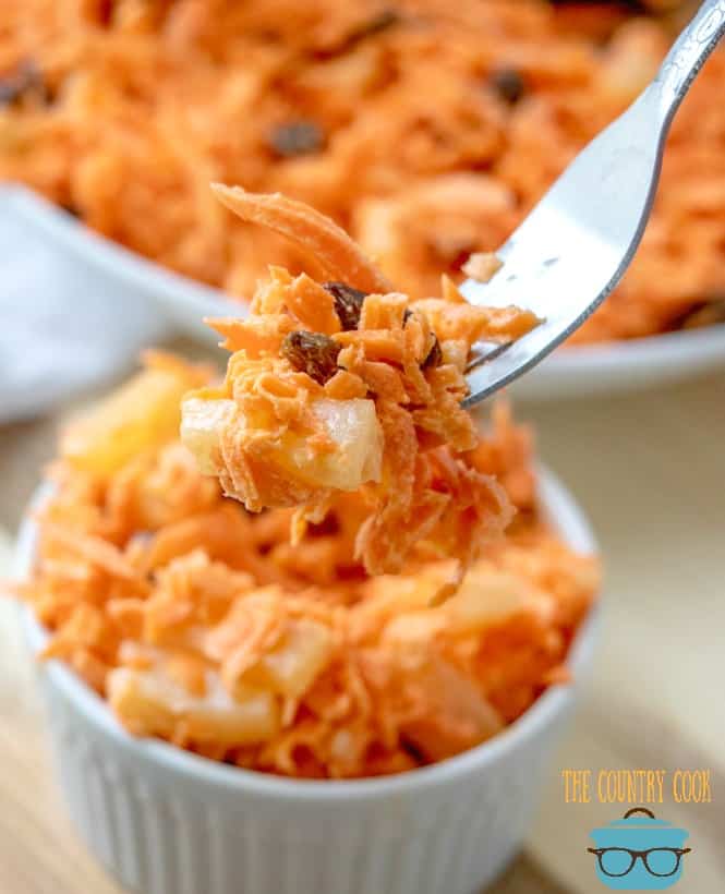 forkful, carrot raisin salad with pineapples and raisins