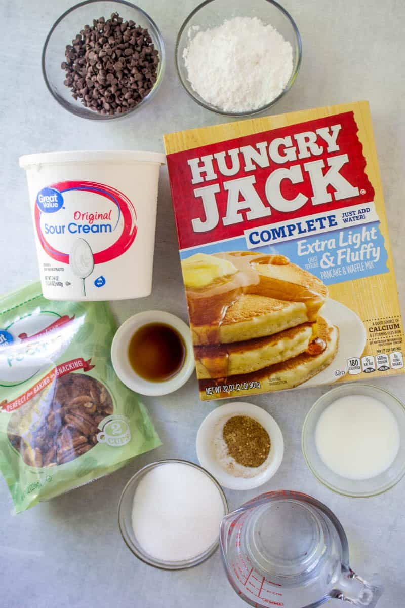 Hungry Jack pancake mix, mini chocolate chips, sour cream, vanilla extract, sugar.