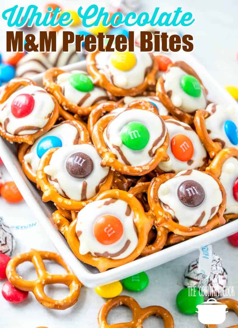 White Chocolate Hershey's Hugs M&M Mini Pretzel Treats (sweet and salty) recipe from The Country Cook