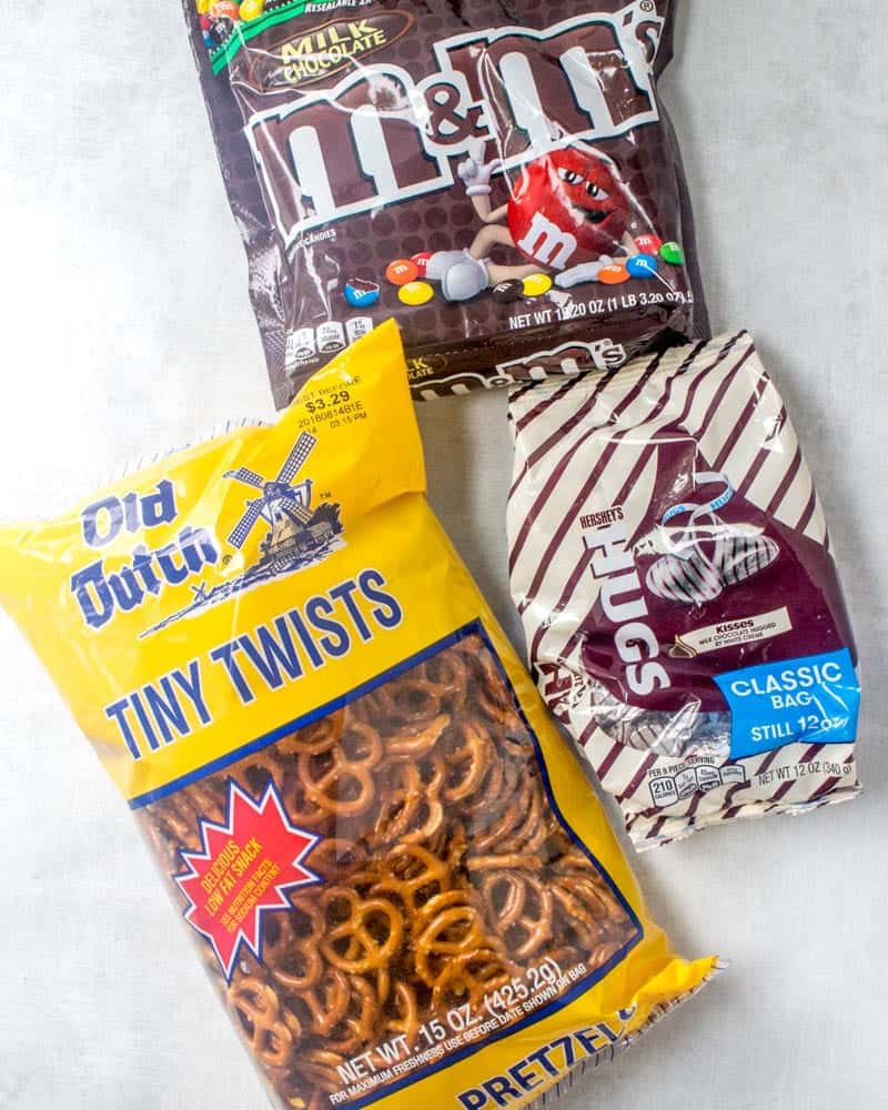 mini salted pretzels, Hershey's Hugs, M&M chocolate candy.