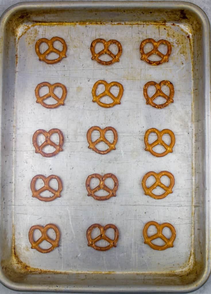 mini pretzel twists on cookie sheet.