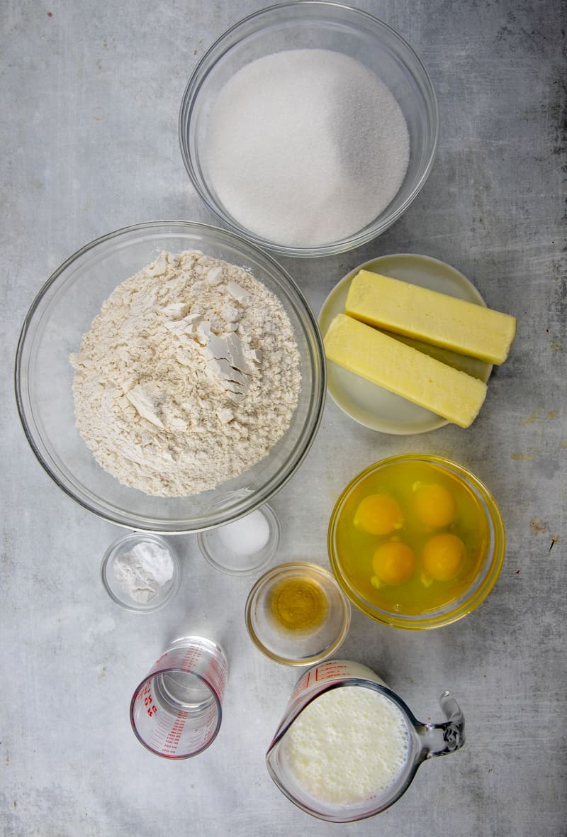 KENTUCKY BUTTER CAKE ingredients: sugar, eggs, unsalted butter, rum, REAL buttermilk, all-purpose flour, salt, baking powder, baking soda.