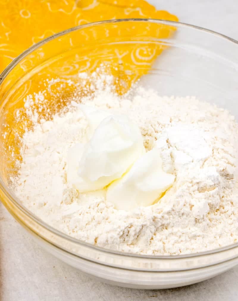 vegetable shortening, flour, baking powder, salt in a bowl.