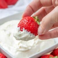 Easy, Creamy Fruit Dip, strawberry dipped into fruit dip