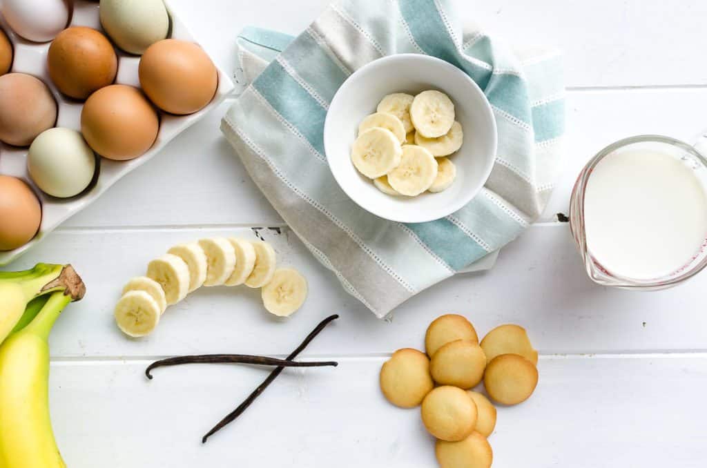 Nilla wafers, bananas, eggs, milk, sugar, heavy cream, vanilla
