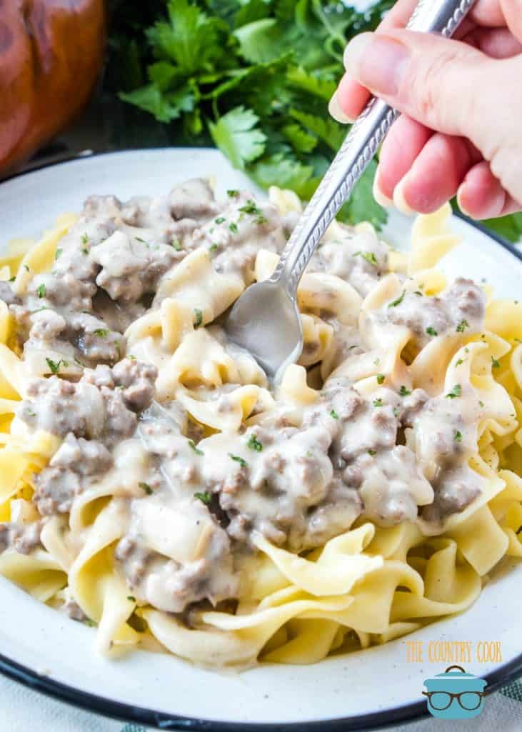 Creamy Ground Beef Stroganoff served on cooked egg noodles