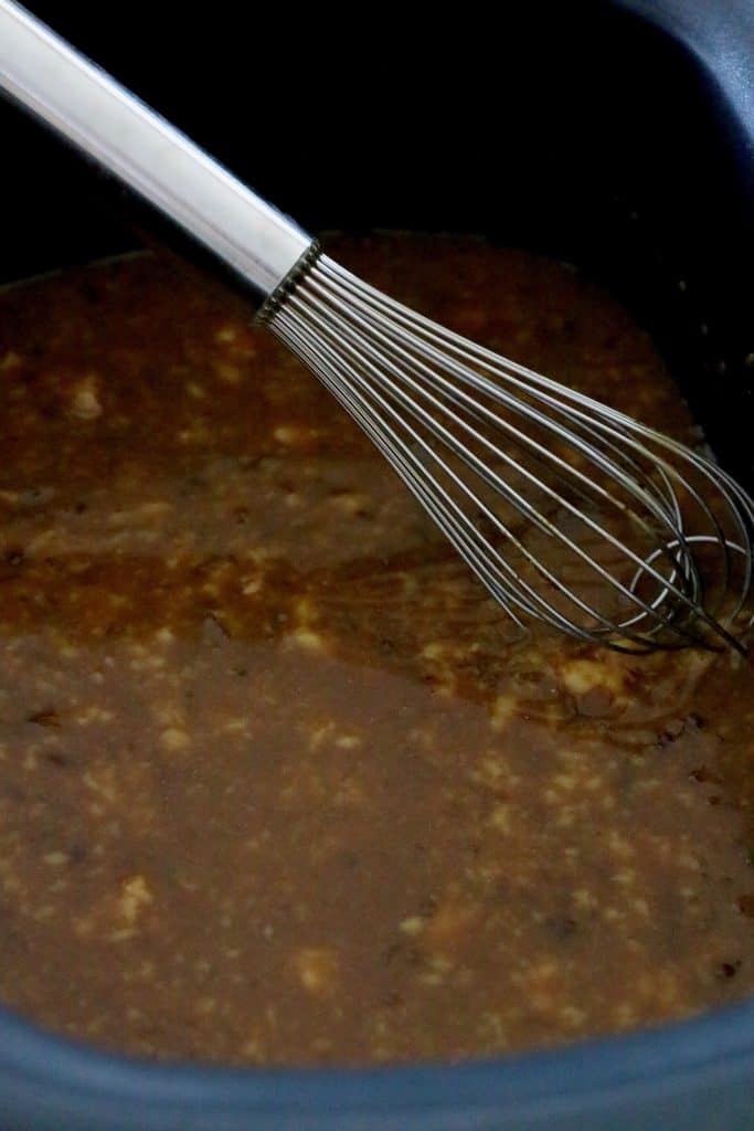 French onion soup, au jus gravy, cream of chicken whisked together in a slow cooker