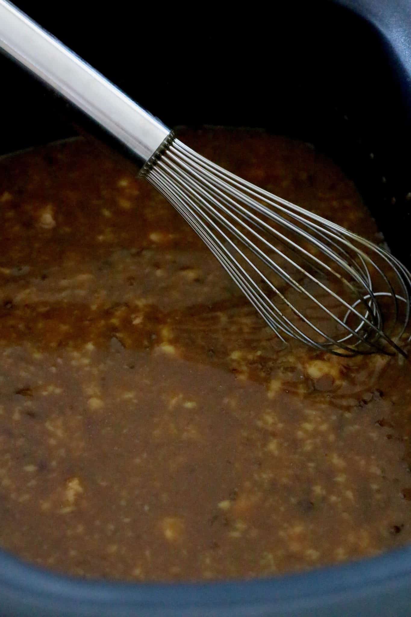 French onion soup, au jus gravy, cream of chicken whisked together in a slow cooker.