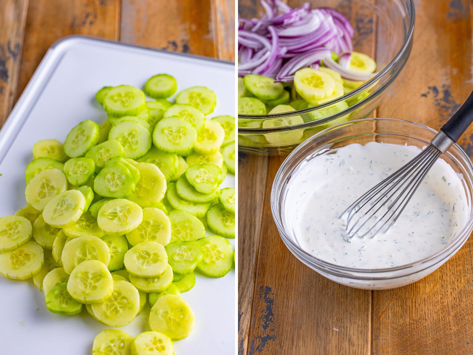 A whisk in a bowl of dressing and sliced cucumbers on a cutting board.