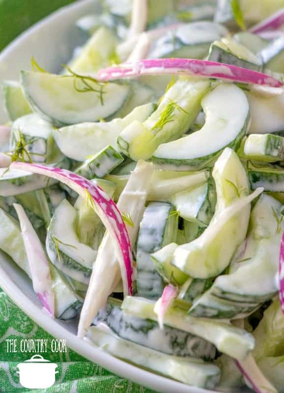 Creamy Cucumber Salad with fresh dill and sliced red onions
