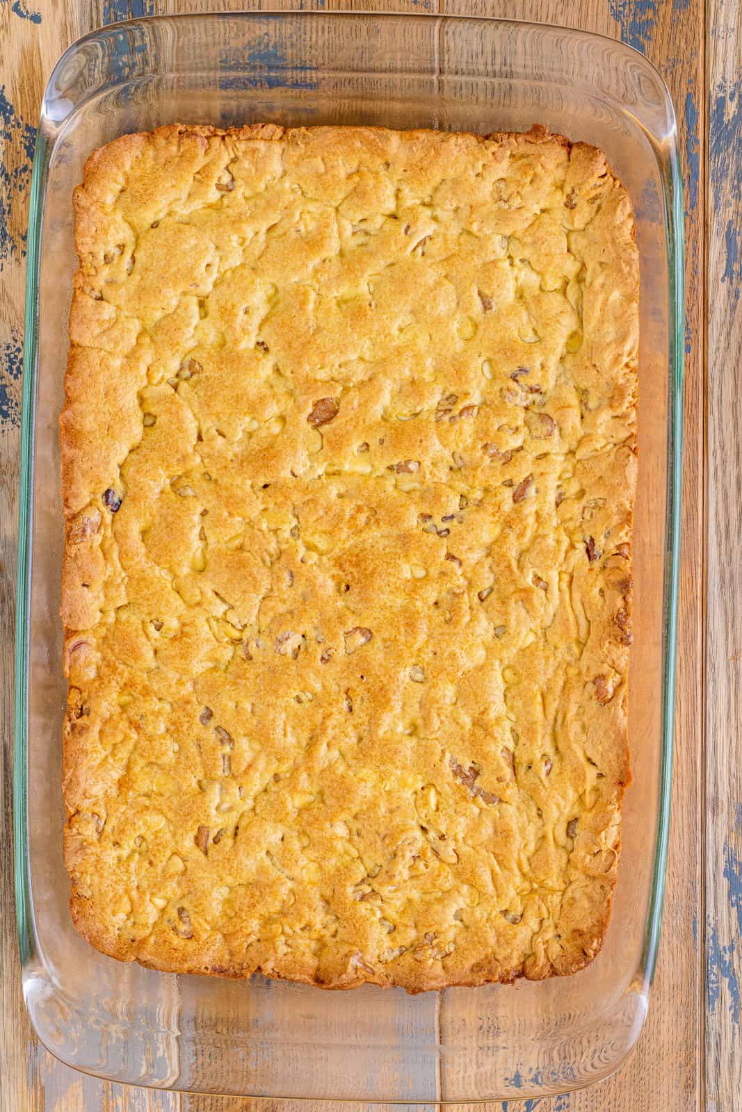 fully baked blondies cooling off in the baking dish.