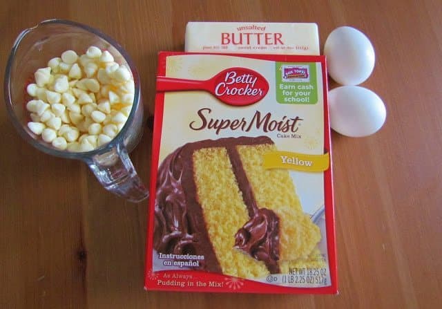 cake mix, butter, white chocolate chips, eggs