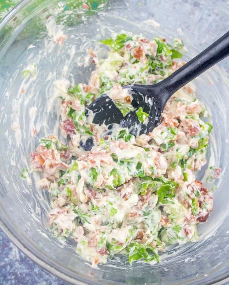 mayonnaise, lettuce, bacon and green onion stirred together for tomato filling.