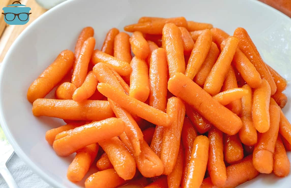 Maple Glazed Carrots, finished, in a white bowl.