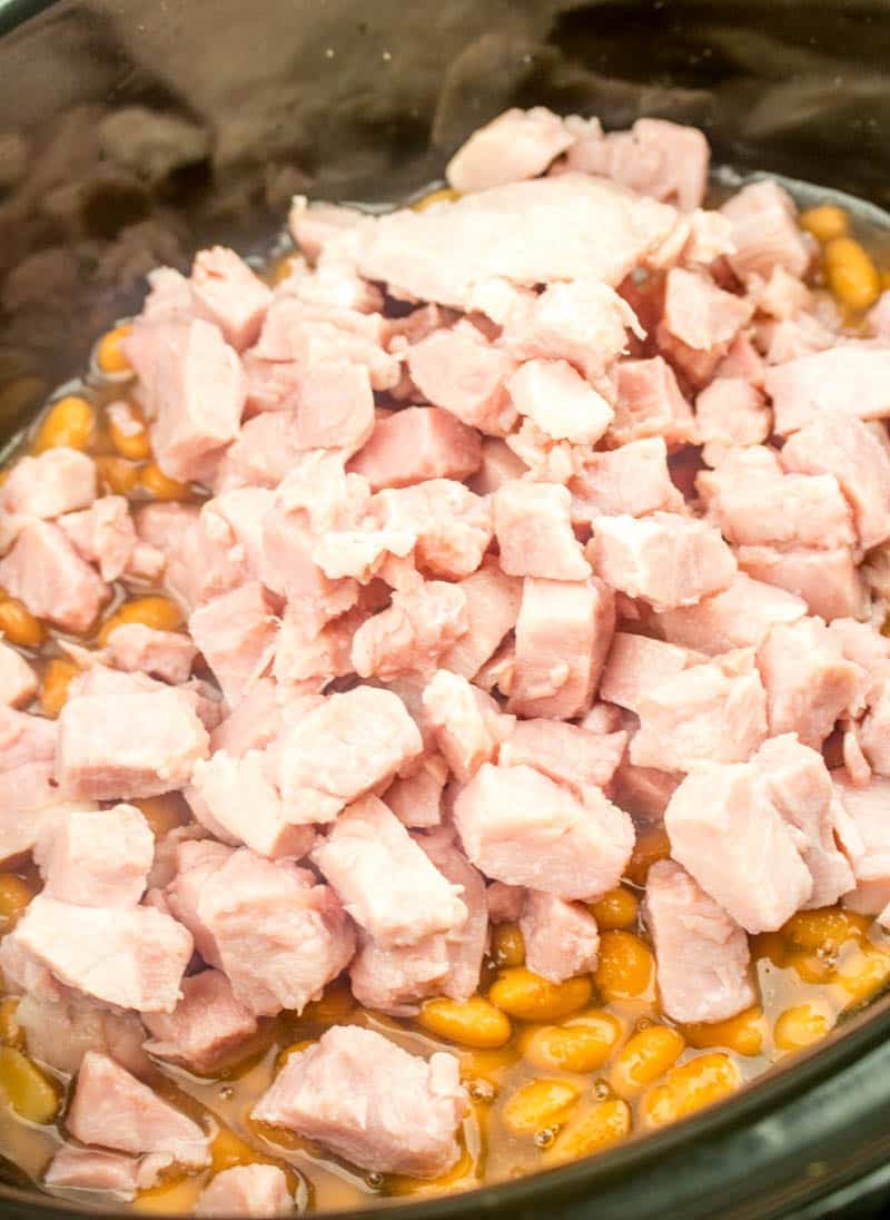 soup beans, pinto beans, chopped cooked ham and ham concentrate seasoning in a 6-quart oval slow cooker.