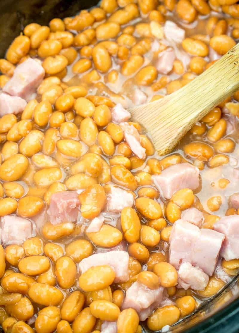canned pinto beans and ham in a crock pot.