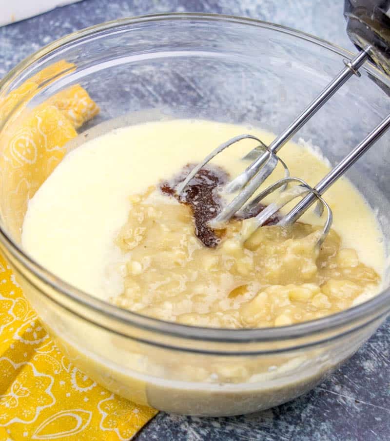 mashed bananas and vanilla extract added to batter with electric mixer.