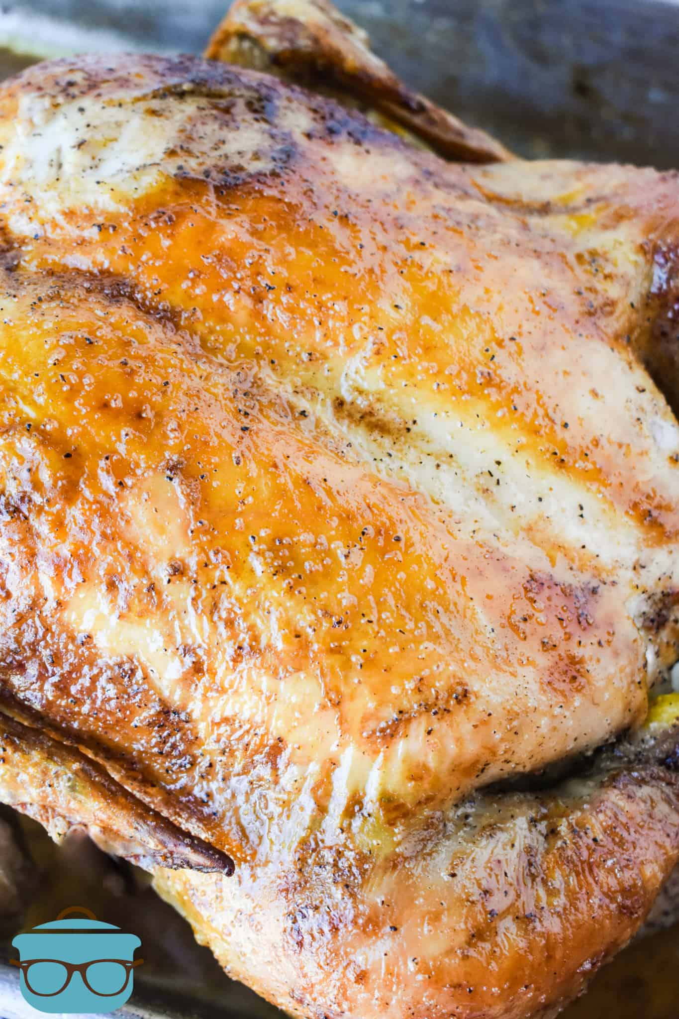 The Perfect Roast Chicken recipe, fully cooked with golden brown skin.