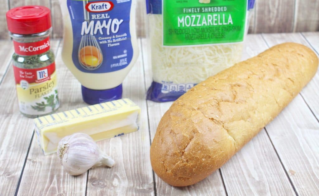 French Bread, mozzarella cheese, mayonnaise, butter and garlic