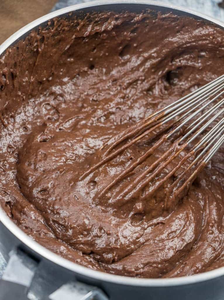 chocolate cake mix combined with prepared chocolate pudding