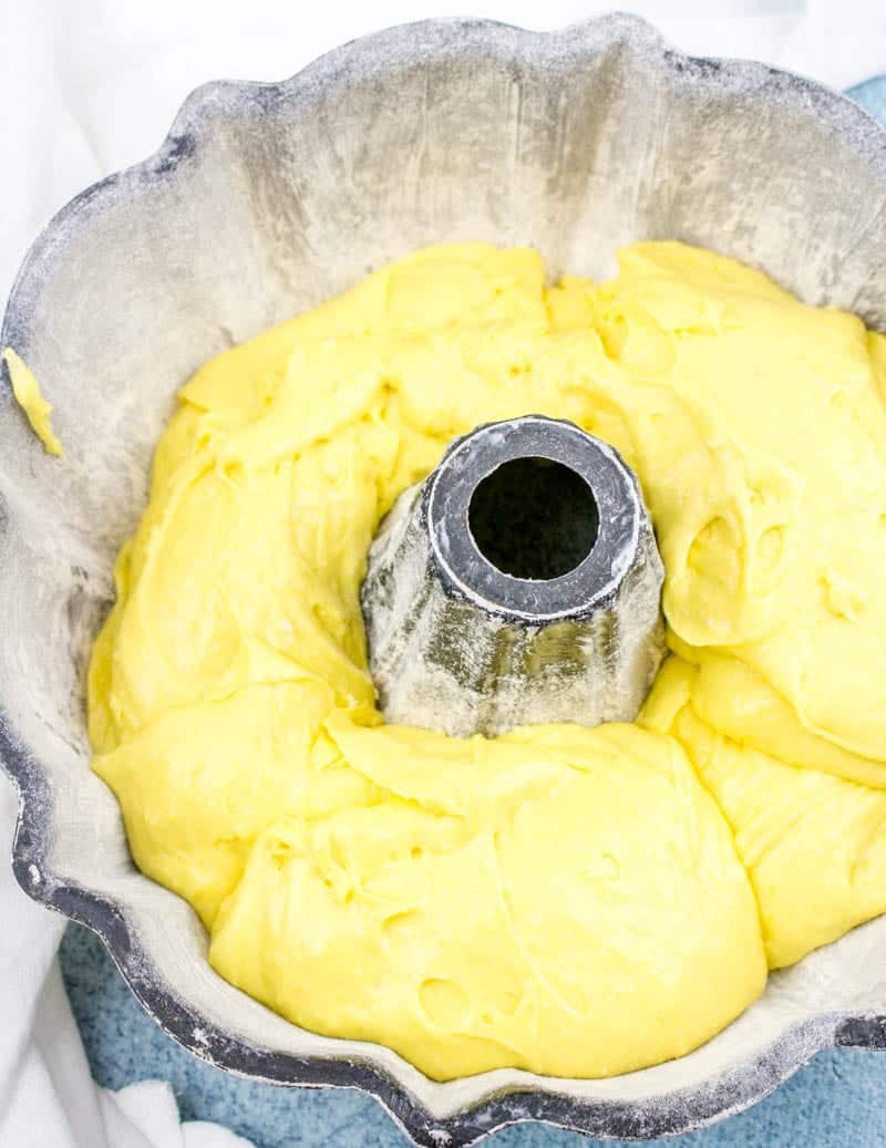 7Up lemon cake batter poured into bundt pan.