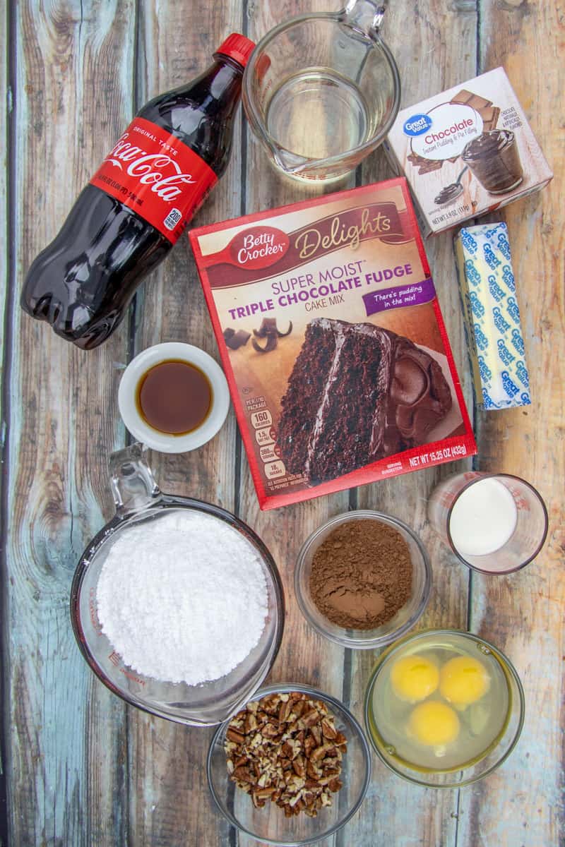 chocolate fudge cake mix, instant chocolate pudding, Coca Cola, butter, vanilla, eggs, oil, water, powdered sugar, cocoa powder.