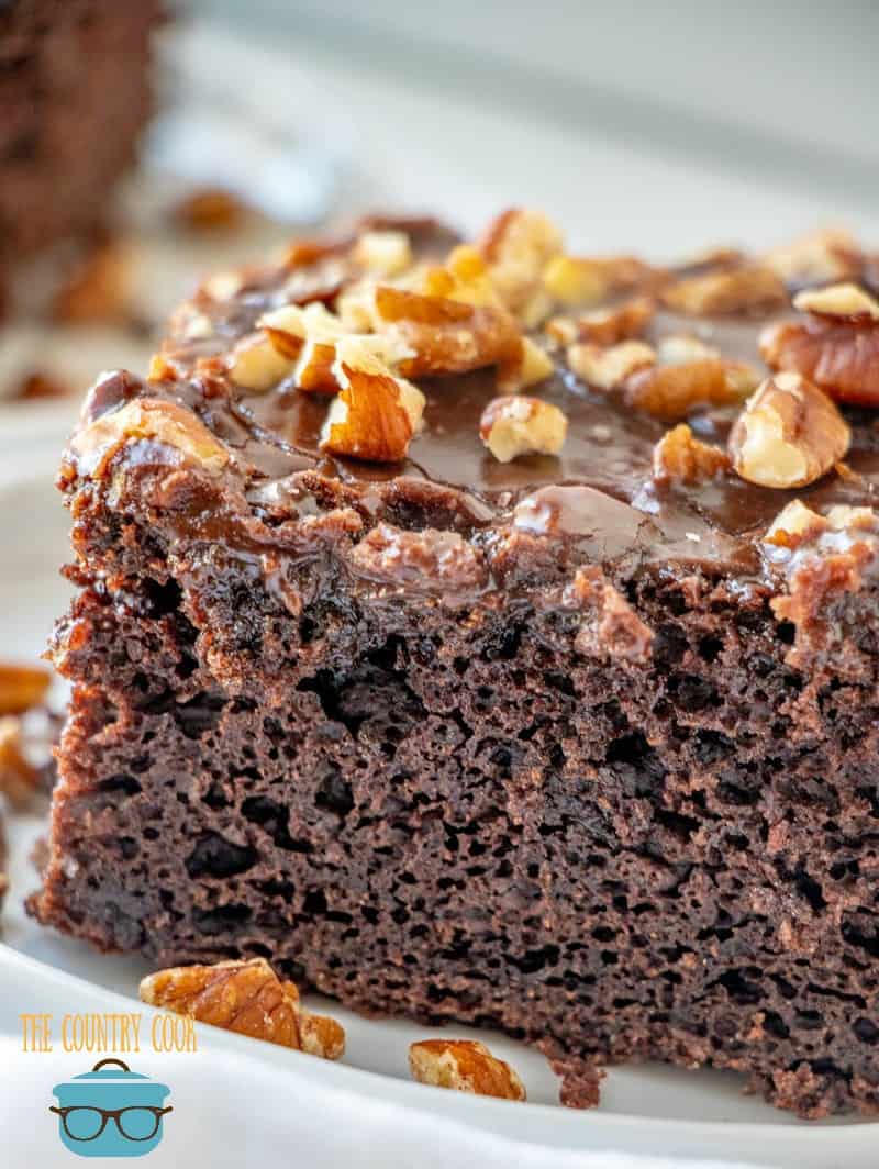 close upside photo of Coca Cola cake with chopped nuts on top.