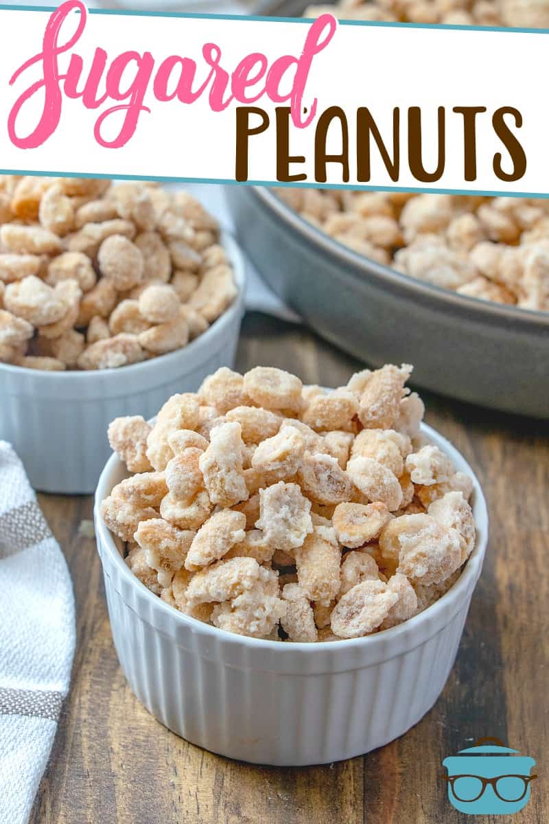 sugared peanuts in a two small white bowls.