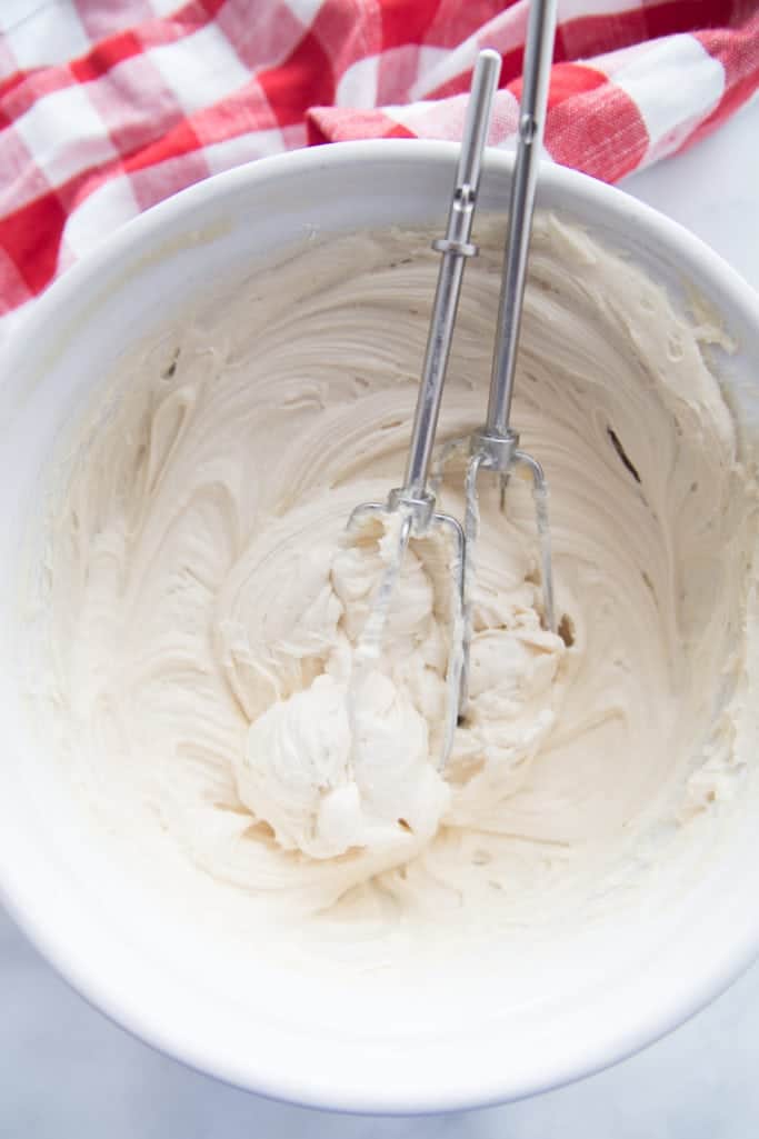 cream cheese, sugar and vanilla extract whipped together with an electric mixer