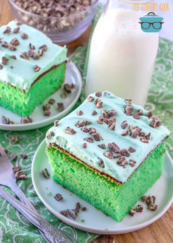 Easy Grasshopper Cake slices served with milk.