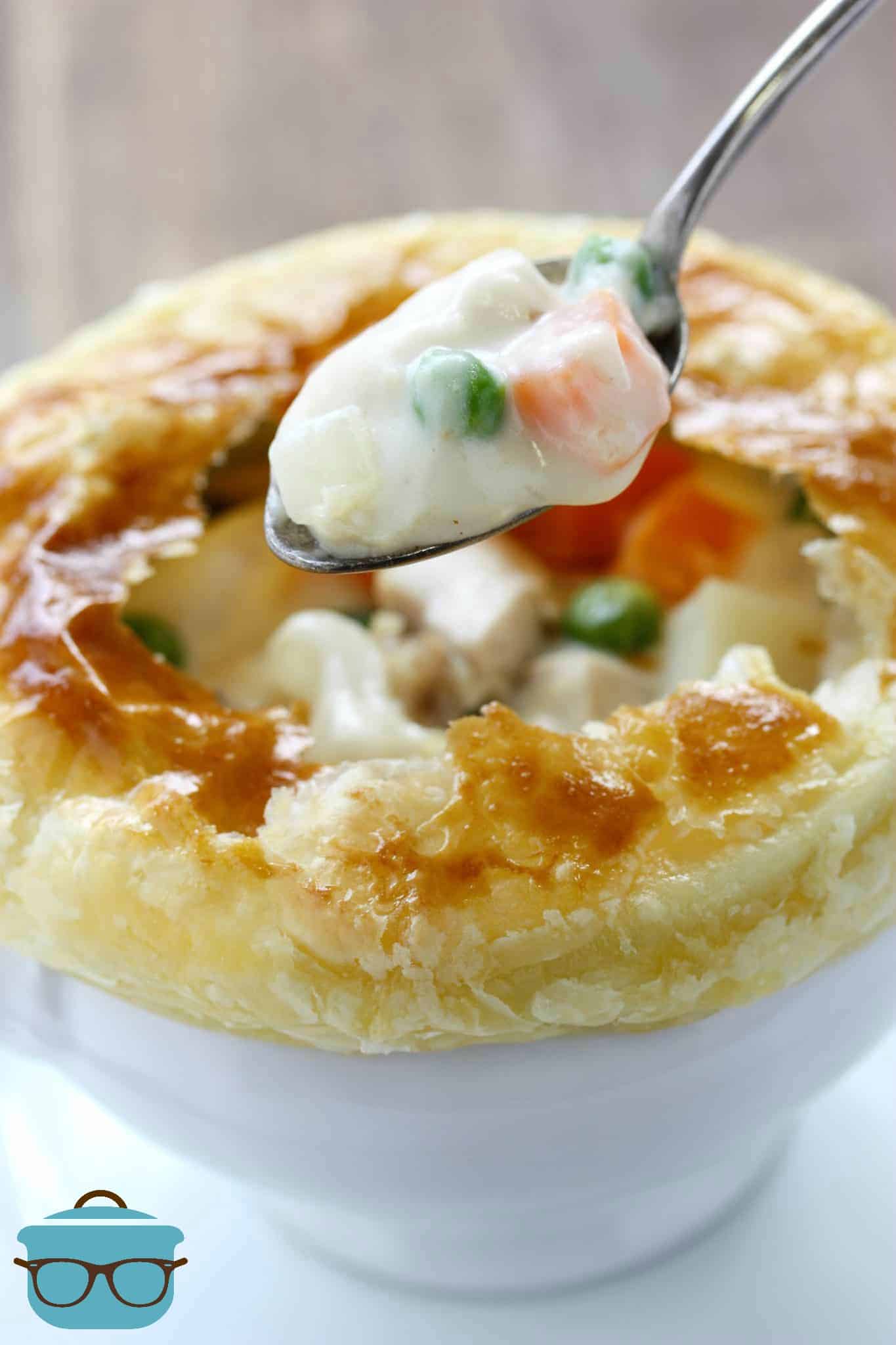 individual chicken pot pie in a small white bowl