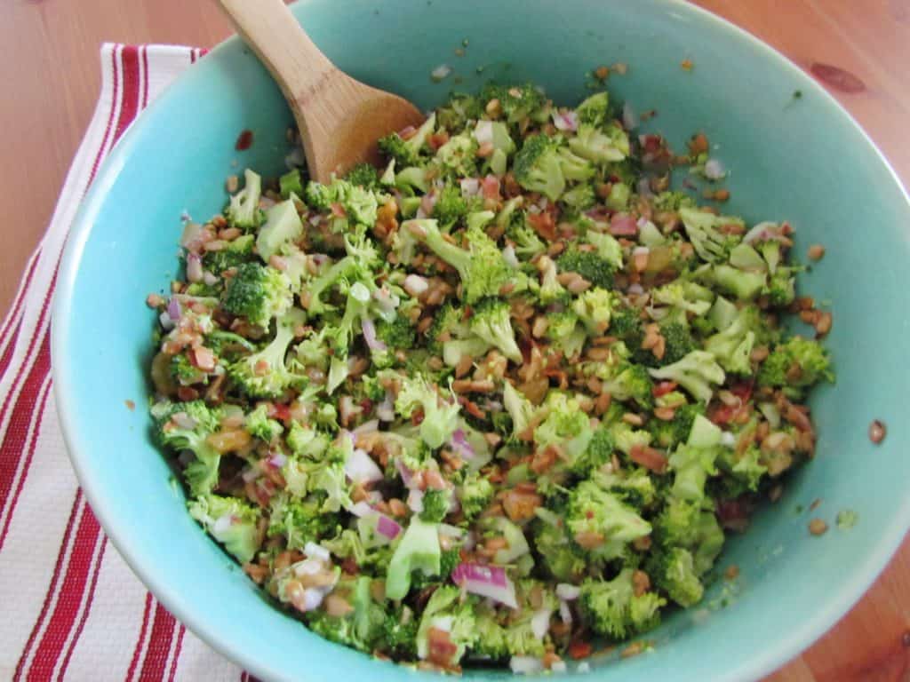 fresh broccoli florets, diced red onions, bacon, creamy mayonnaise dressing stirred together with a wooden spoon in a plastic blue bowl