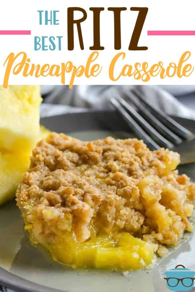 The Best Ritz Pineapple Casserole recipe from The Country Cook shown close up on a plate with a fork.