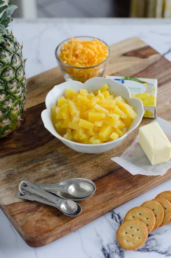 pineapple tidbits, cheddar cheese, Ritz crackers, pineapple jello, butter.