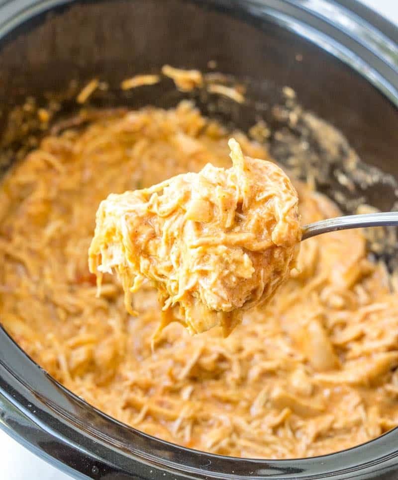 stirred, creamy crock pot salsa chicken with a spoon holding up some shredded chicken. 