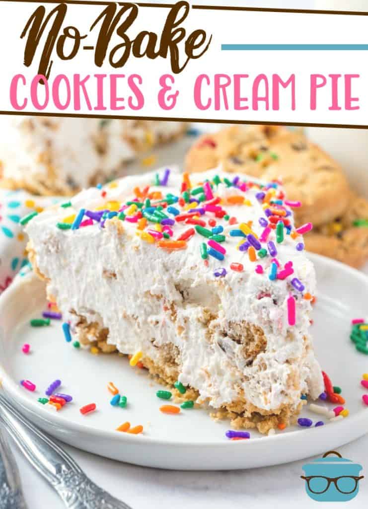 No-Bake Cookies and Cream Pie recipe from The Country Cook, pictured is a slice of the pie on a white plate surrounded by colorful candy sprinkles