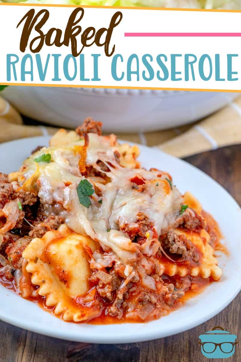 Easy Baked Ravioli Casserole recipe from The Country Cook, shown served on a white plate with a salad in the background.