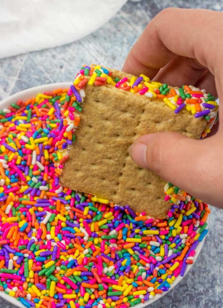 sprinkle dipped graham cracker and frosting sandwiches