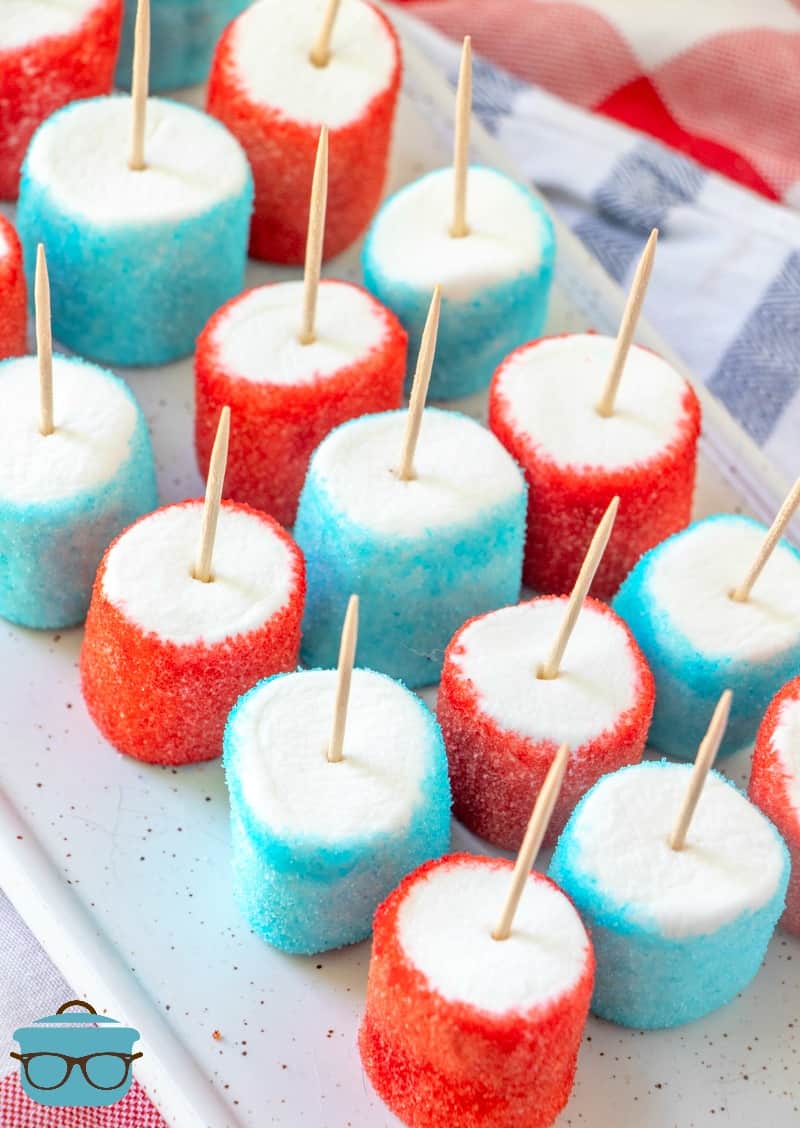 4th of July, red, white & blue marshmallows on a white tray.