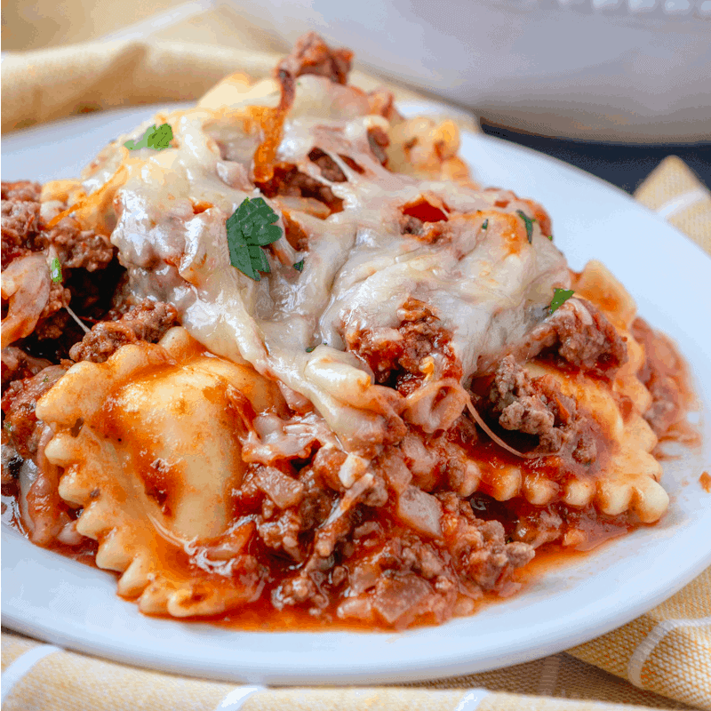 Easy Baked Ravioli Casserole serving on a white plate