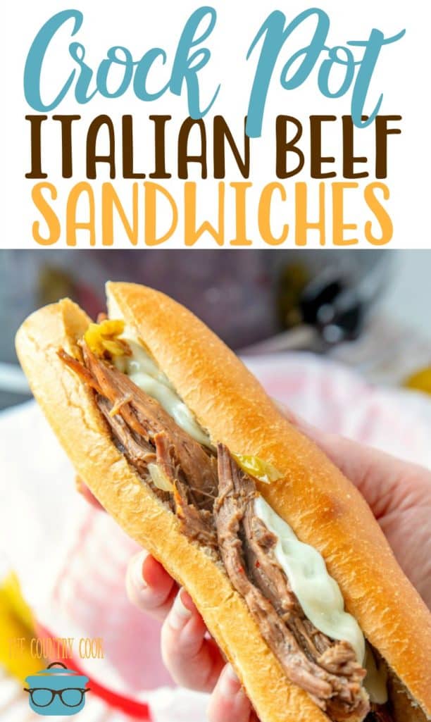 Crock Pot Italian Beef Sandiwches with melted cheese and peppers - recipe from The Country Cook