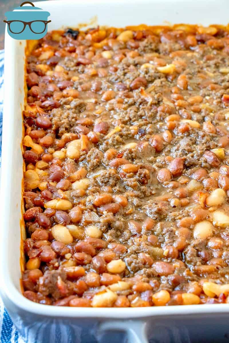 fully cooked Calico Baked Beans in a baking dish.