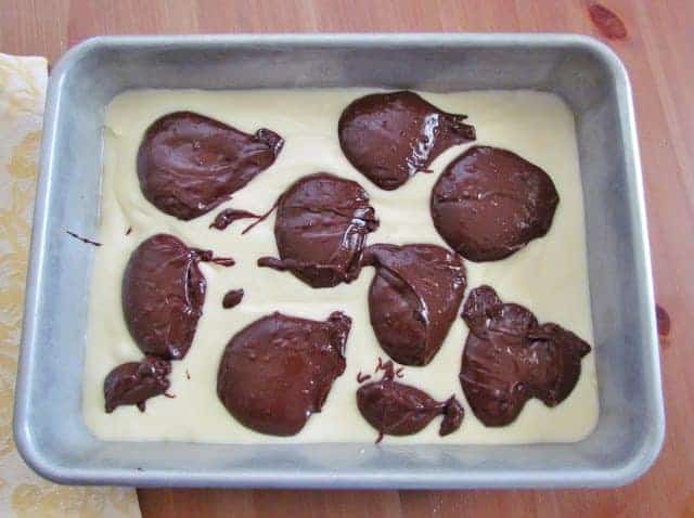 chocolate batter dolloped on top of cream cheese batter.